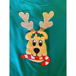 Pannill Christmas Green Sweatshirt Fuzzy Rudolph the Red Nose Reindeer Size XL‎